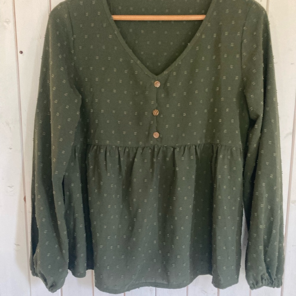 Olive Green V-Neck Buttoned Women's Top